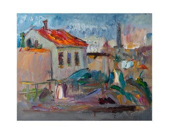 Giclee Fine Art Print - Red Roof Seascape Original Plein Air Oil Painting Impressionist Outdoor Shoreline Sea Coastal Landscape Rocks Europe
