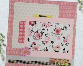 Hello- 12X12 Scrapbook Page, Love Premade Scrapbook Page, Girl Scrapbook Page, 12X12 Scrapbook Layout, Pink Scrapbook Premade Page