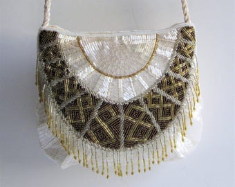 Nina Ricci Paris Glamorous Vintage White & Gold Bead Fringe Evening Purse In EUC