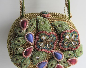 Mary Frances Gorgeous Embellished Multi Color Gold Bead Minaudiere Purse