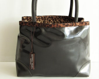 BOTTEGA VENETA Gray Ultra Soft Patent Look Vinyl & Leopard Print Trim Small Tote Bag