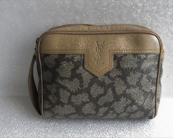 Yves Saint Laurent Vintage Monogram Giraffe Print Gray & Beige Canvas Clutch