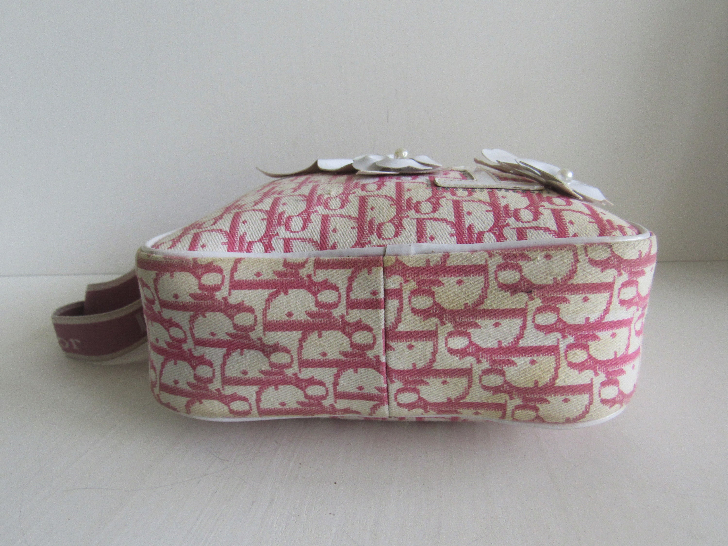 CHRISTIAN DIOR Trotter Pink/white Canvas Flower Applique Shoulder 