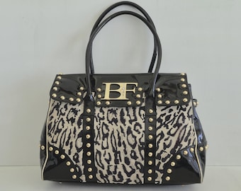 Beverly Feldman Vintage Leopard Print Suede and Black Patent Leather Trim with Goldtone Stud Detail Large Women’s Satchel Handbag
