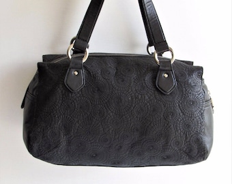 Vintage OSCAR De La RENTA Black Leather Circle Medallion Embossed Medium Satchel Handbag