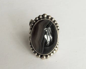 Vintage Sardonyx Sterling Silver Ring, Chunky Oval Cabochon, Size 8
