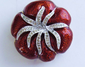 Vintage JUDITH LEIBER "STRAWBERRY" Gold Plated Red Enamel Brooch With Clear Swarovski Crystals