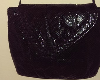 Vintage Classic Black DiVina Authentic Snakeskin Trapezoid Design Shoulder Bag/Clutch