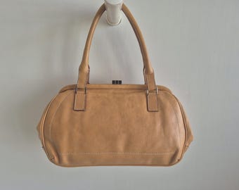 Bolso de mano grande Lambertson Truex Rare Vintage Frame Top de piel color camel