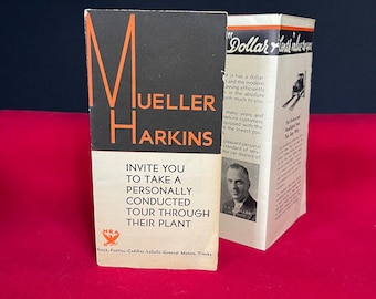 1930's Mueller-Harkins Auto Brochure – New Deal Era Factory Tour + Auto Service Ad