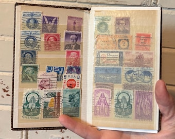 Vintage amerikanska frimärken (~90 begagnade) 1940-70-talen | Ephemera | Minnesmärken Seattle Space Needle Iwo Jima | I Lighthouse Stock Book