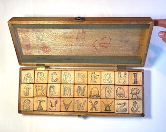 Alphabeasts Letter Stamps, Complete Set in Dovetailed Wood Box