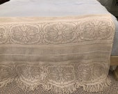 Antique Bedspread Tablecloth Hand Crochet Lace Floral Design Fringed 81 X79 Farmhouse Victorian French country Scandinavian look Boho