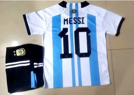 SheReallyLovesCats Argentina Messi Kids Jersey Set / Argentina Soccer Uniform / Argentina Soccer Outfit / Argentina Home Jersey & Shorts
