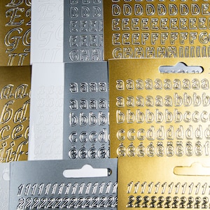 Aufkleber Sticker Buchstaben Zahlen Druckschrift Schreibschrift gold silber weiß