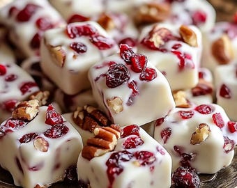 May include: Close-up of white chocolate fudge squares topped with dried cranberries and pecan pieces. The fudge is arranged on a decorative, gold-colored plate. The image is well-lit and shows the texture of the fudge.