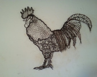 May include: A wire sculpture of a rooster, made from twisted and looped wire, with a detailed comb and wattle. The rooster is standing on a white background.