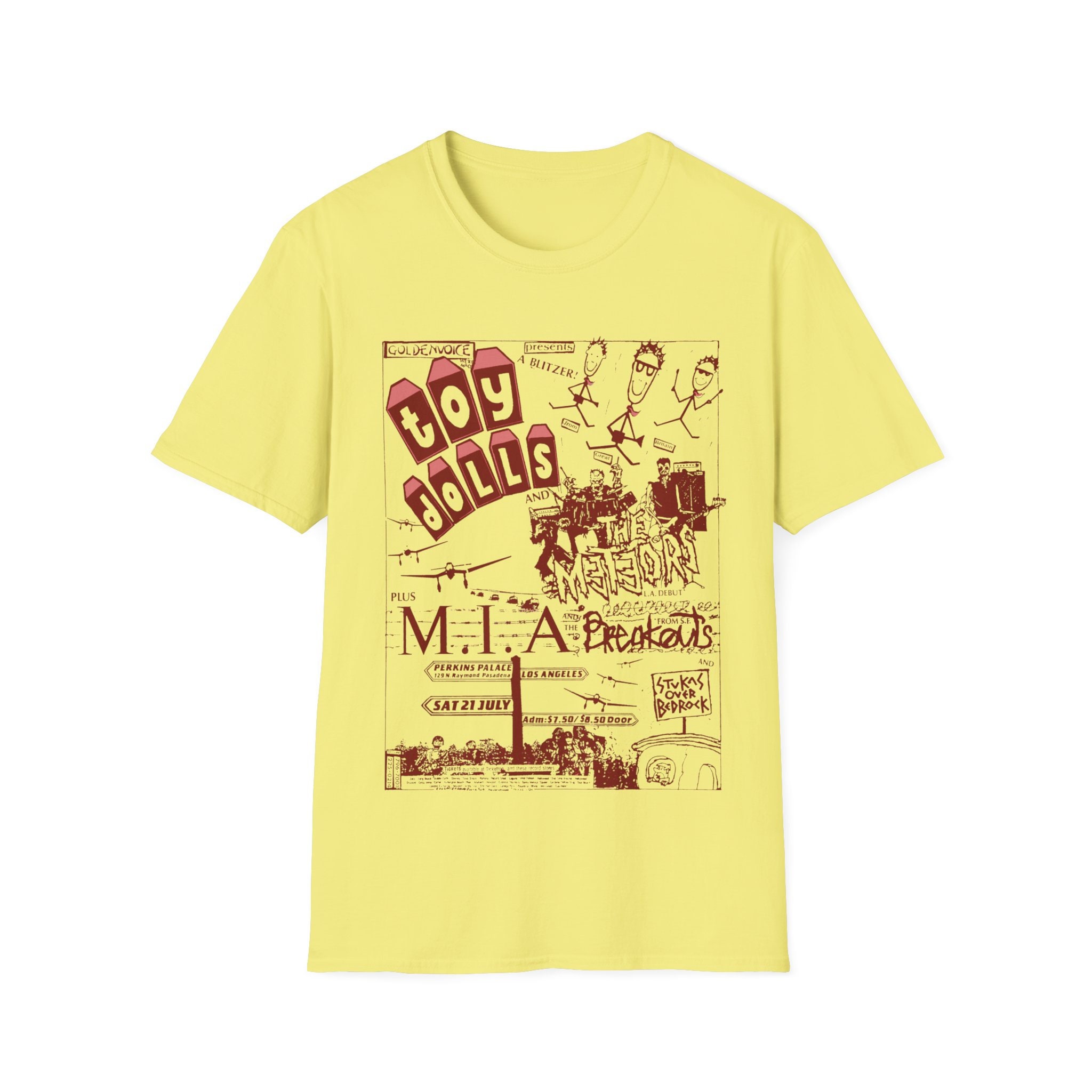 Die Spielzeugpuppen Perkins Palace Meteors GoldenVoice, MIA Stukas über Bedrock 80er Jahre Punk Rock Unisex Schwere Baumwolle T-Shirt T-Shirt