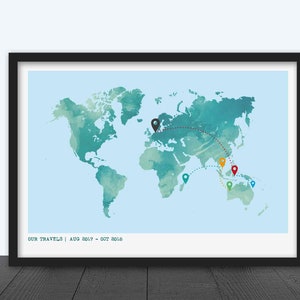 Personalisierte Weltkarte mit individuellen Pins - Einzigartiges Reisegeschenk - Gap Year Reiseposter - Individuelles Reisegeschenk - Gerahmte Optionen