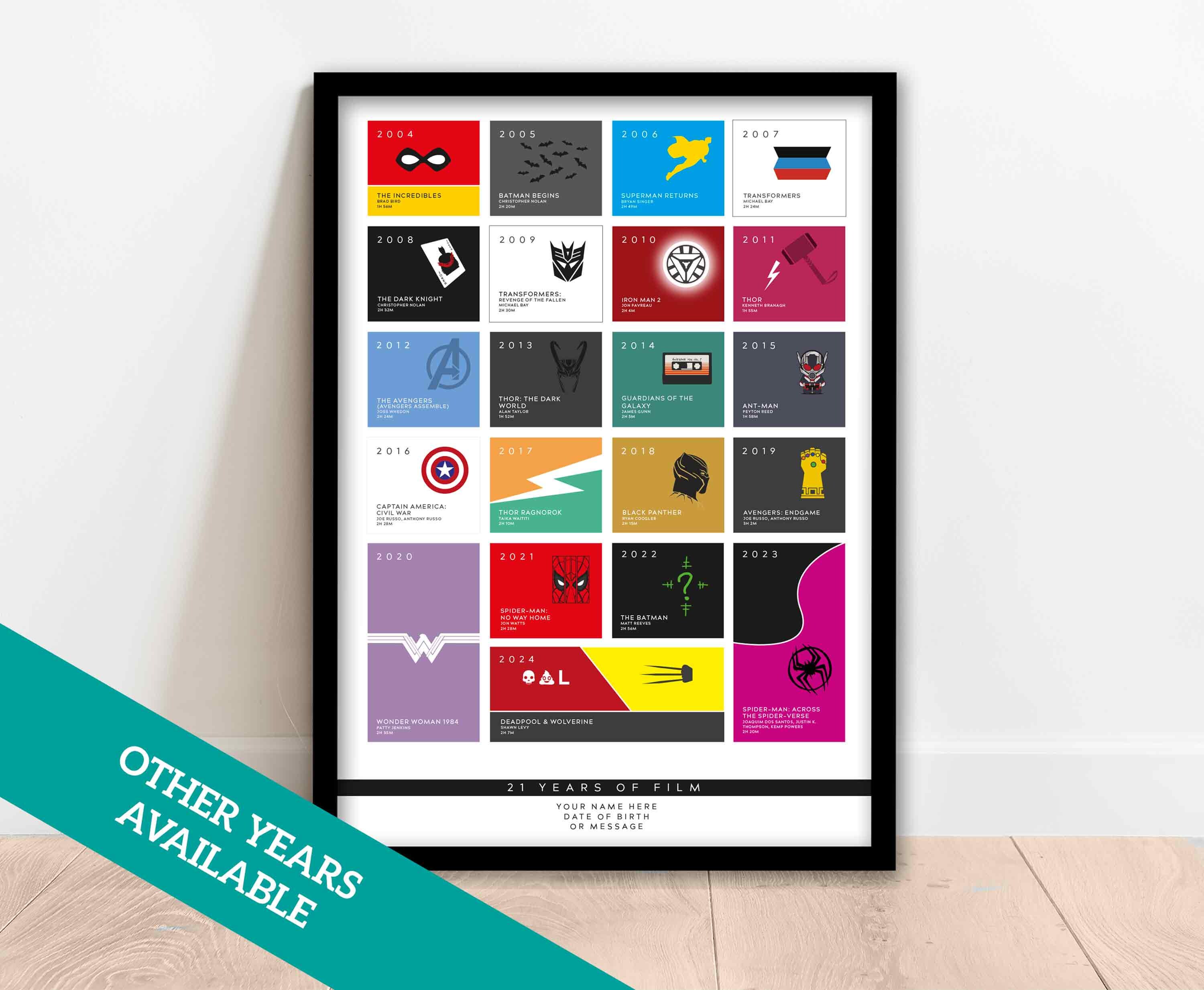 21 Years of Film - Personalised 21st Birthday Print - Alternative Superhero Theme - The Year 2004 - Framed Options