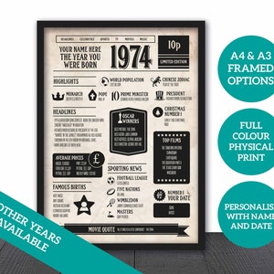 50th Birthday Poster - Personalised 1974 Year You Were Born Newspaper Style - Framed Options