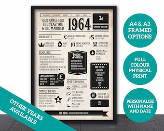 60th Wedding Anniversary Poster / Year You Were Married Newspaper Style / Diamond Wedding / Personalised Poster / Year 1964 / Framed Options
