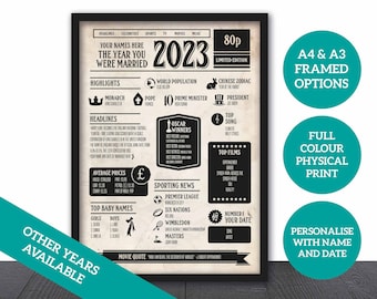 1st Wedding Anniversary Poster - 2023 Personalised Year You Were Married Newspaper Style - Paper Wedding Keepsake - Framed Options