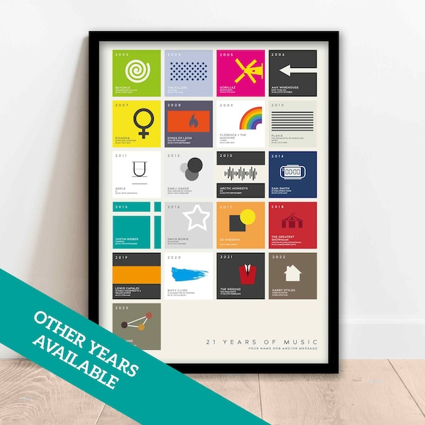 21 Years of Music / Personalised 21st Birthday Print / The Year 2003 / Framed Options