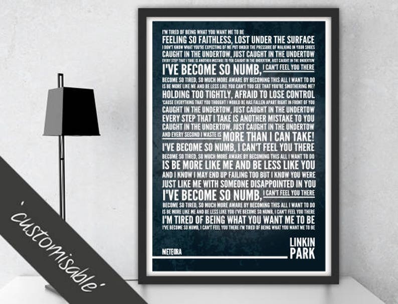 Linkin Park Numb Lyrics Print Music Poster Chester Bennington Gift 300gsm Premium Print - numb linkin park roblox id code
