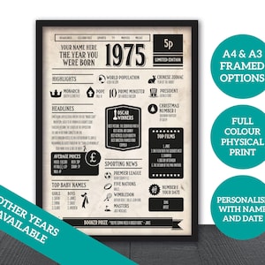Póster del 50.º cumpleaños: personalizado, año de tu nacimiento: 1975, estilo periódico: opciones enmarcadas