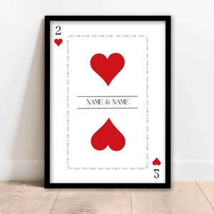 2 de corazones / Regalo personalizado / Regalo de aniversario personalizado / Regalo de bodas / Impresión de naipes / / Regalo de San Valentín / Opciones enmarcadas