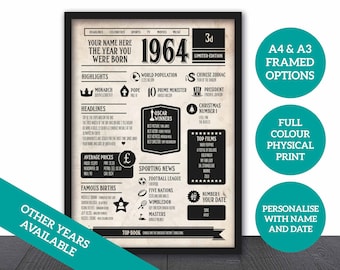 60th Birthday Keepsake - Personalised 1964 Newspaper Style Poster - The Year You Were Born 1964 - Unique 60th Gift - Framed Options