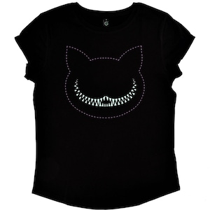 Cheshire Cat dam-T-shirt tillverkad av ekologisk bomull – handtryckt i Wien