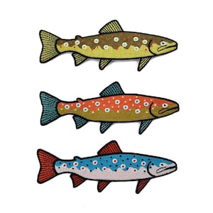 Set van 3 forellen - strijkpatches, naaipatches, badges, borduurafbeeldingen, strijkpatches, bruine forel, vis, vissen, vliegvissen, vissen