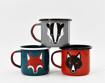 Enamel mug set of 3 fox badger wolf - camping mug, animal, forest, coffee, enamelware, nature, hiking, handmade in the EU