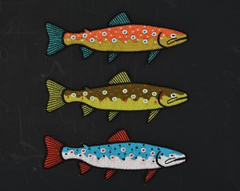 3 trouts set - patches, iron on, badge, embroidery, patches, animals, wildlife, fish, fishing, flyfishing, brown trouts, river trout, salmon