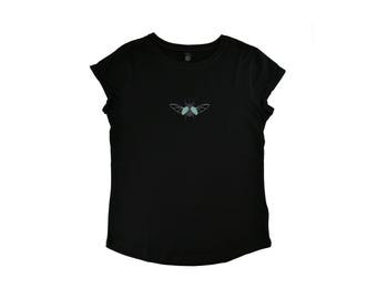 rhinoceros beetle - Women's Organic Cotton Rolled Sleeve T-Shirt, ethical fashion, fair, organic, sustainable - hand-printed in Vienna