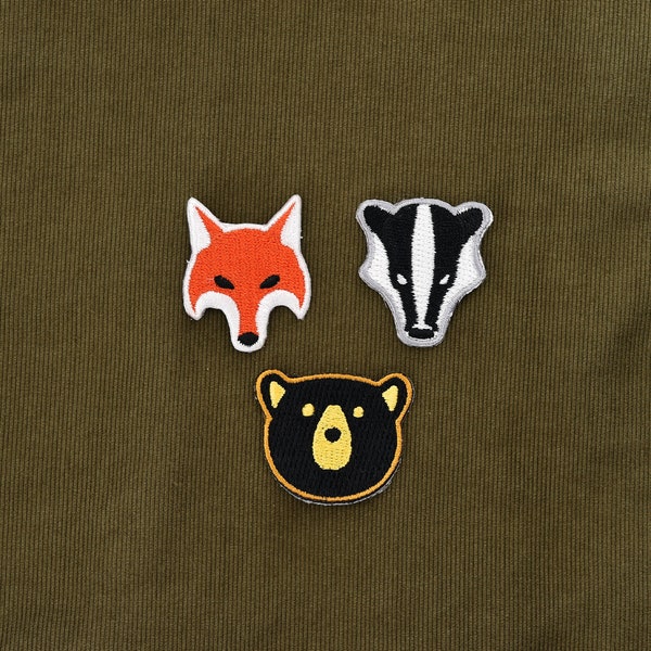 Bär, Fuchs und Dachs small Patch-Set zum Aufbügeln - Aufnäher, Abzeichen, Stickbild, Bügelbild, Wildtier, Schwarzbär, Tiere, Grizzly