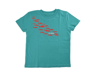 School of fish children's organic cotton T-shirt - a strong companion for sailors and diving adventures - hand-printed in Vienna