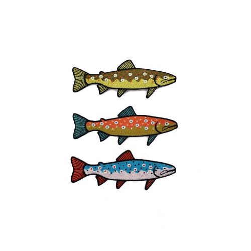 3 trouts set - patches, iron on, badge, embroidery, patches, animals, wildlife, fish, fishing, flyfishing, brown trouts, river trout, salmon