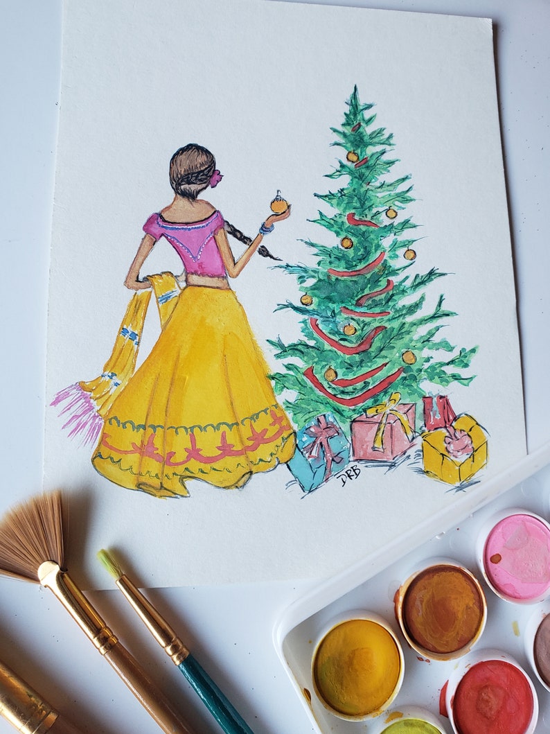 Original Watercolor Print Indian Girl woman Christmas Gifts Saree Decor Dupata Bollywood Yellow Pink Fuchsia Christmas in a Lehnga