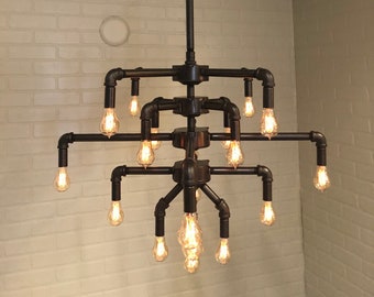 Large 42" Wide Black Iron Pipe 19 Light Chandelier w/ Candelabra Edison style Bulbs -Antique Bronze