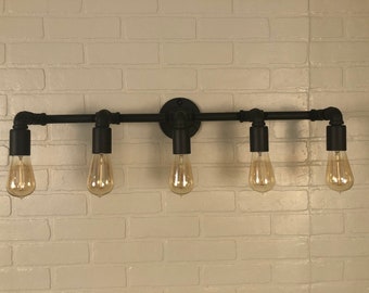 Vanity 5 Light - Black Iron Pipe Vanity Bathroom Light w/ Standard Edison Bulbs -Flat Black