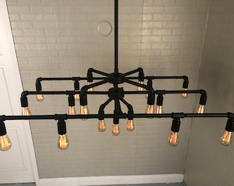 Dining Room/Pool Table -Black Iron Pipe 19 Light Rectangular Chandelier w/ Standard Edison Bulbs -Flat Black