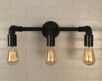 Vanity 3 Light - Black Iron Pipe Vanity Bathroom Light w/ Standard Edison Bulbs -Flat Black