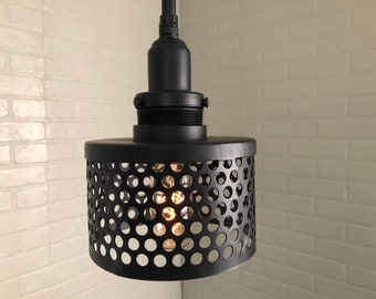 Industrial Perforated Metal Edison Pendant - 6" Inch Round Cylinder Black