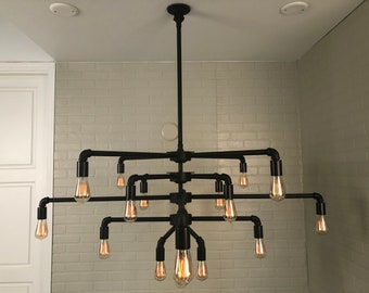 XLarge 68" Wide Black Iron Pipe 19 Light Chandelier w/ Standard Edison style Bulbs -Flat Black