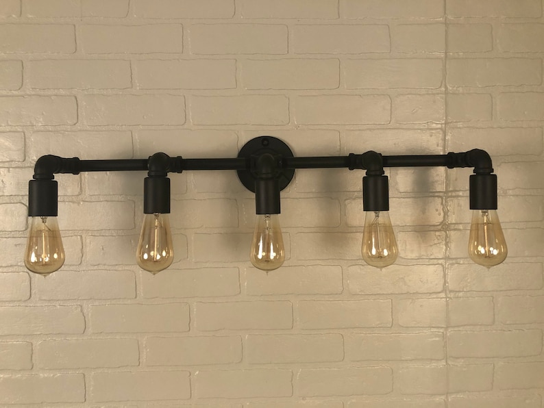 Vanity 5 Light Black Iron Pipe Vanity Bathroom Light W/ Standard Edison