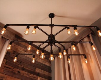 Dining Room/Pool Table -Black Iron Pipe 19 Light Rectangular Chandelier w/ Candelabra Bulbs -Antique Bronze