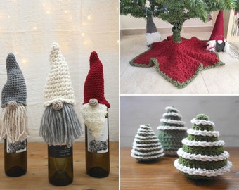 Crochet Christmas patterns, easy crochet projects for gifts, mini Christmas tree pattern, Christmas tree skirt, gnome wine bottle topper